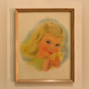Vintage Framed Frances Hook Portrait of Blonde Girl with Yellow Flowers